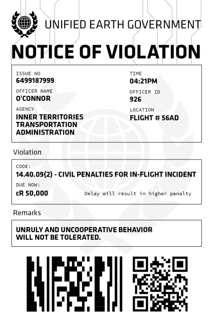 The noticed Ben received for his incident on his flight home.